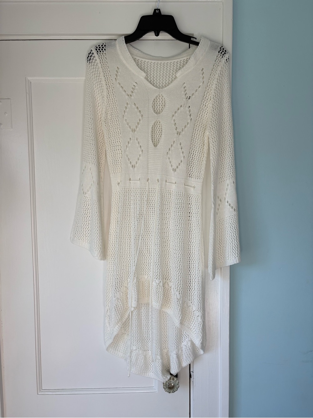 White Geometric Crochet Knit Swim Cover Up Dress Boho Bell Sleeve